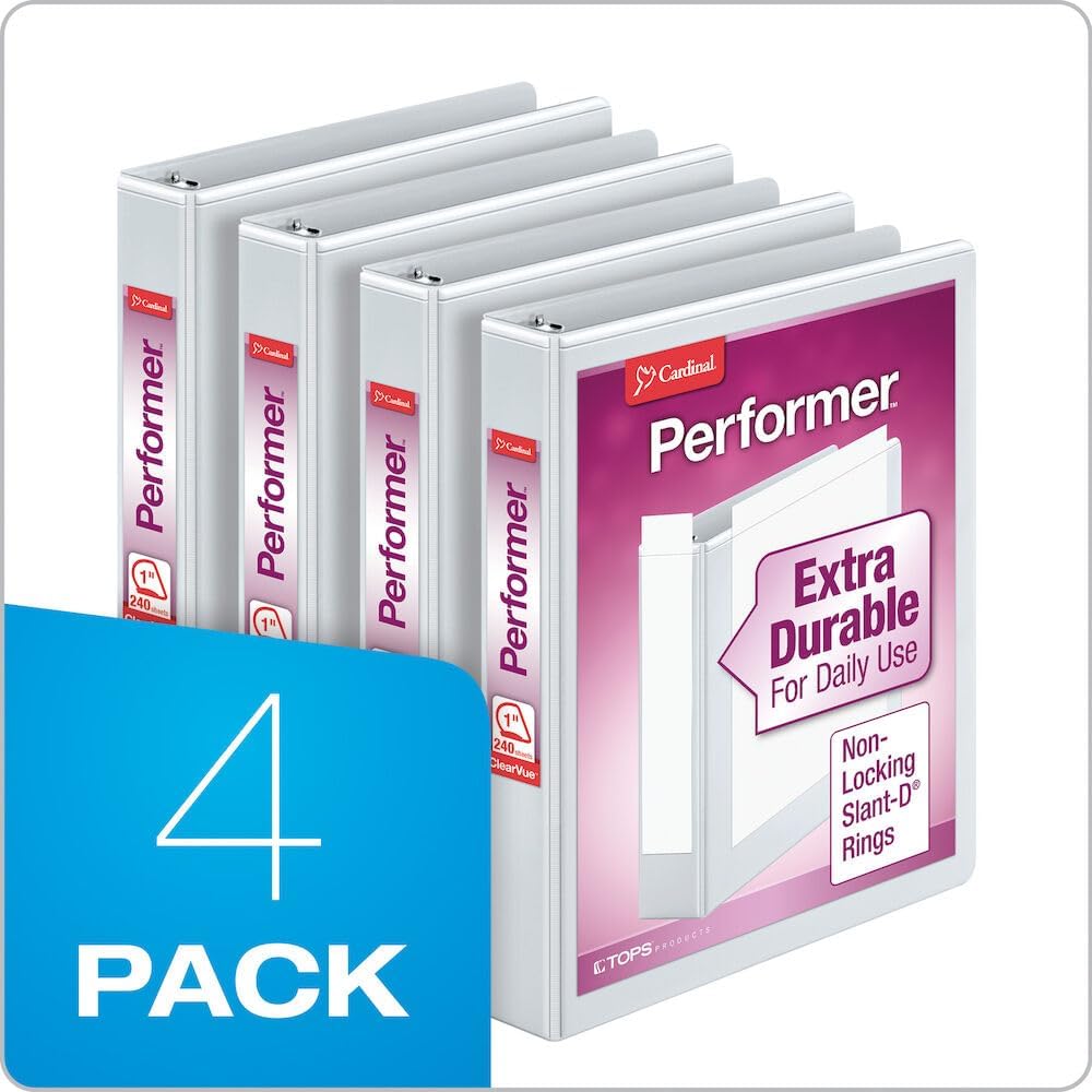 Cardinal Performer 3-Ring Binders, 3", Non-Locking Slant-D Rings, 725-Sheet Capacity, ClearVue Presentation, Non-Stick, PVC-Free, White, 4-Pack (27600)