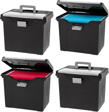 IRIS USA File Box with Lid File Organizer for Letter File w/Organizer-Lid, Plastic Mobile Filing Organizer, Water Resistant Document Box, Portable File Box with Handle, Secure Buckle, Lockable, Black