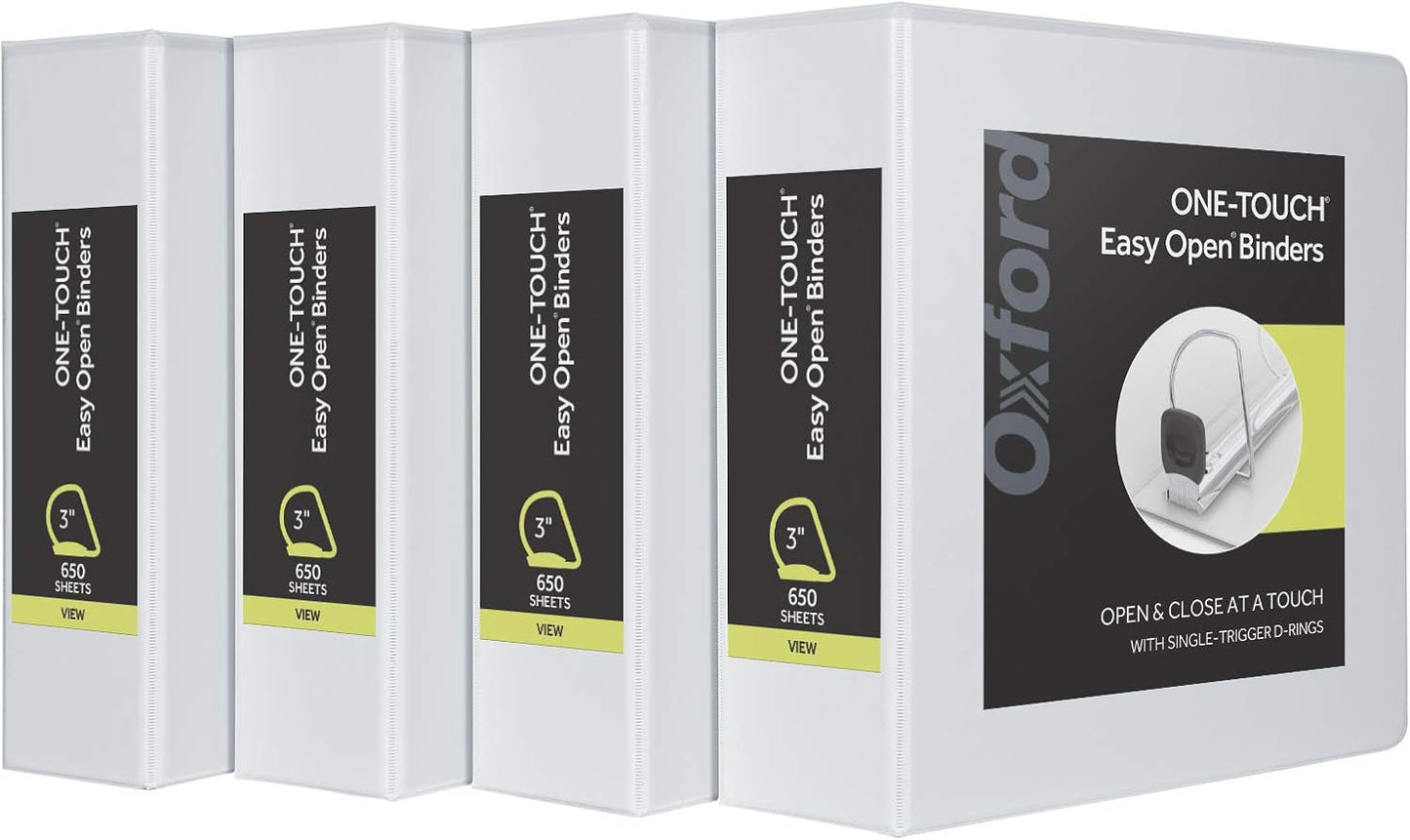 Oxford 3 Ring Binders, Binders for School and Office, 2 Inch ONE-Touch Easy Open D Rings, 3-Sided View Binder Covers, Xtralife Hinge, Non-Stick, PVC-Free, White, 530-Sheet Capacity, 4 Pack (79910)