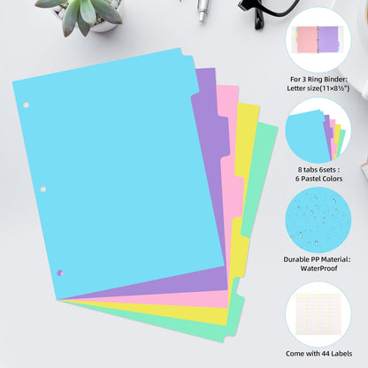 3 Ring Binder Dividers with TAB,48PCS/6 Set Plastic File Dividers,8 Tab 3 Hole Punch Dividers,Pastel Color,Letter Size,6 Sets