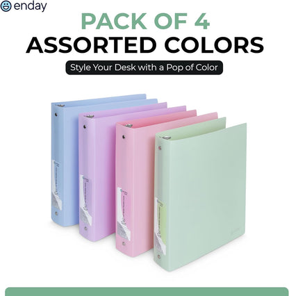 Enday 3 Ring Binder 1 inch (4 Pack) Pastel Flexible Binders Round Ring with Pocket, Holds 175 Sheets, for Home and School Supplies in Blue, Purple, Pink and Green – by Enday