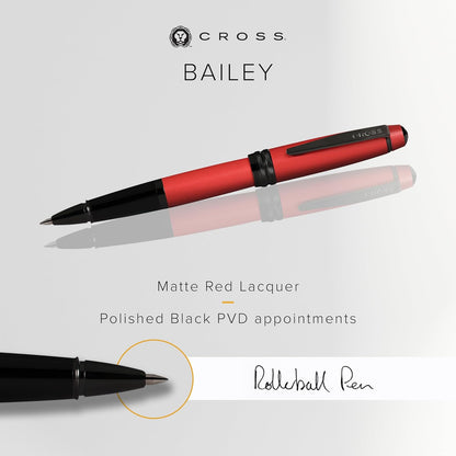 Cross Bailey Matte Red Lacquer Rollerball Pen - Refillable Pen for Smooth Writing - Well-Balanced, Distinctive Design - Easy Handling - Comfortable Grip - Gift-Ready Black Ink