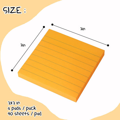 Lined Sticky Notes 3x3 Sticky Notes with Lines Self-Stick Notes Bright Color 4 Pads 90 Sheets/Pad (Pastel)