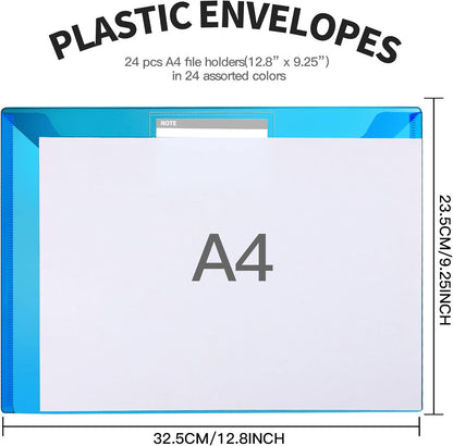 LEOBRO Plastic File Folders with Pocket, 24PCS Plastic Envelopes with Snap Closure, Folders for Documents, Reusable File Bags, A4 Size
