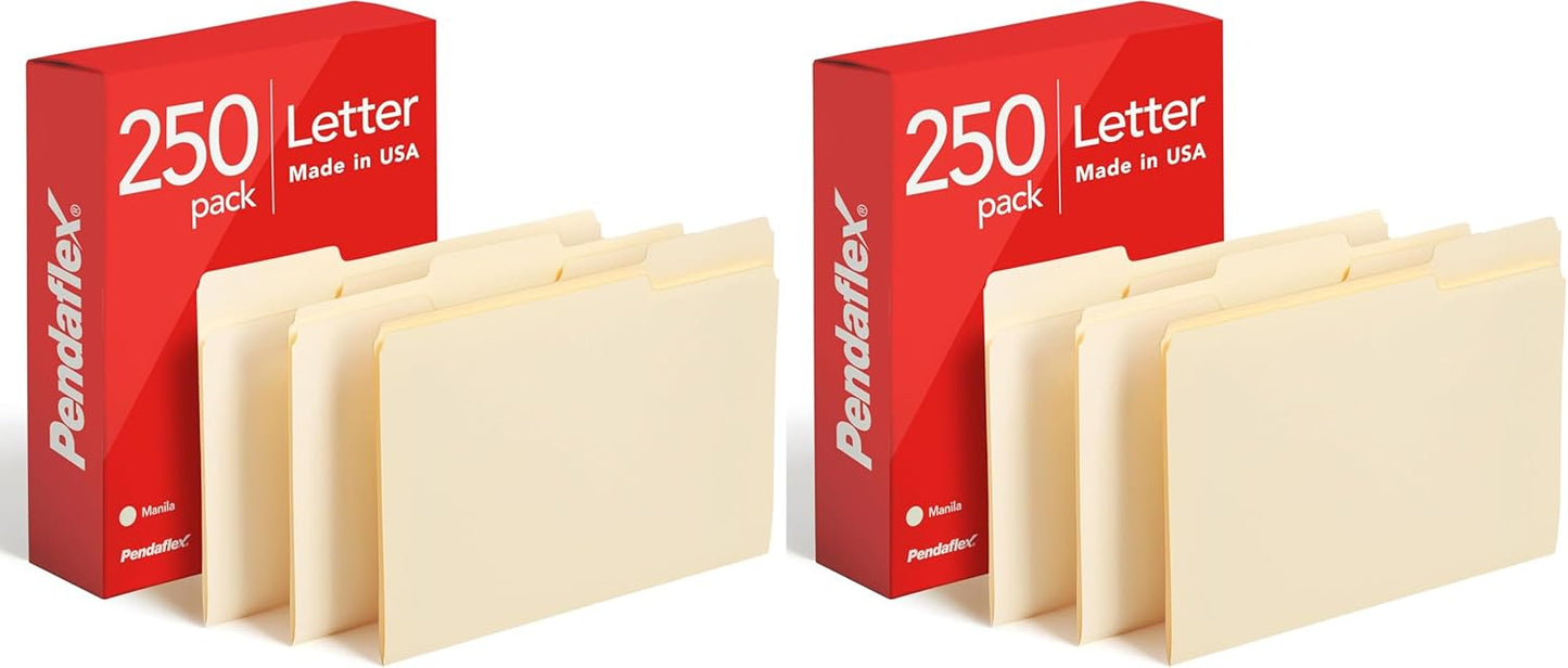 Pendaflex File Folders, 250 Bulk Pack, Durable Manila Folders, Letter Size (8.5" x 11"), 3 Tabs for Easy Labeling, Everyday Filing Essential for Offices, Classrooms & Home Document Organization