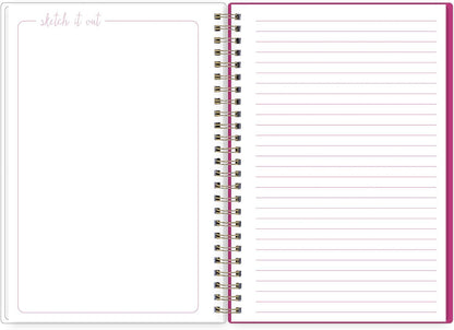 Blue Sky Good Vibes Notebook, 160 Lined And Perforated Pages, 5.75" x 8.5", Gold Durable Twin Wire Binding, Flexible Glitter Shaker Cover, Party Dots Pink