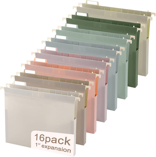 gisgfim 16 Pack Plastic Hanging File Folder Letter Size 2inch Expanding File Folders with Tabs Extra Capacity Hang Folders Heavy Duty for Filing Cabinet Designed for Bulky Files Morandi Colors
