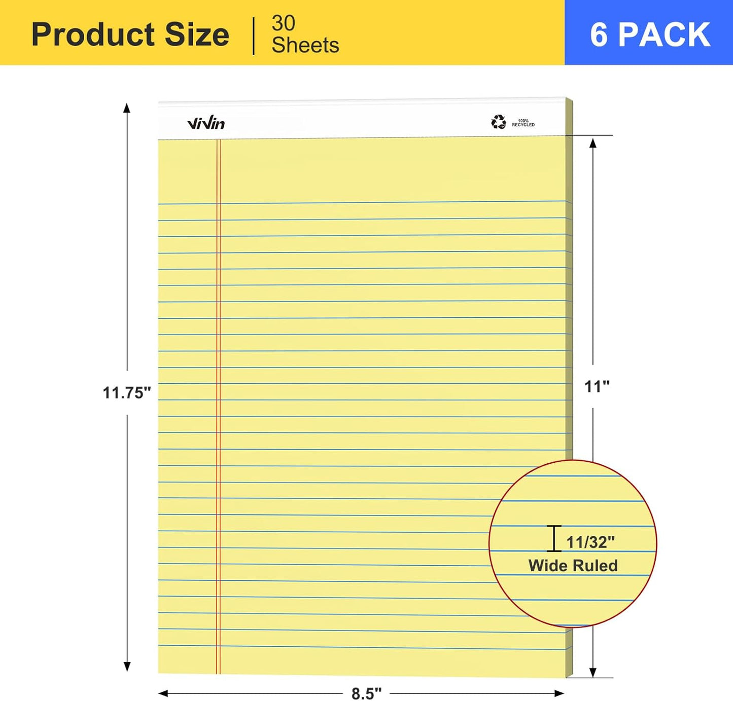 ViVin Legal Pads 8.5 x 11 Inch, Wide Ruled Note Pads, 12 Pack, 50 Sheet/Pad, Perforated Writing Pads, Notepads for Office Home School, 600 Sheets, White Paper