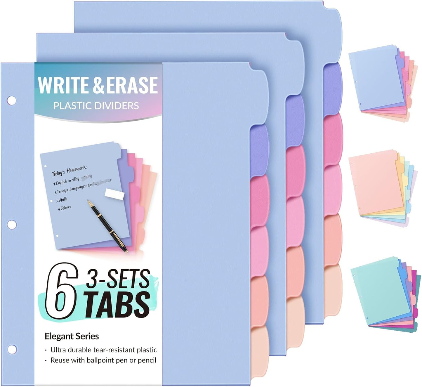 Sooez 6-Tab 3 Ring Binder dividers with tabs, Durable Plastic Write & Erase Tab Dividers for 3 Ring Binder, Aesthetic Cute Binder Dividers for Student, Teacher, Office, Home Organizers, 1 Sets