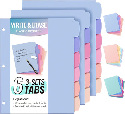 Sooez 6-Tab 3 Ring Binder dividers with tabs, Durable Plastic Write & Erase Tab Dividers for 3 Ring Binder, Aesthetic Cute Binder Dividers for Student, Teacher, Office, Home Organizers, 1 Sets