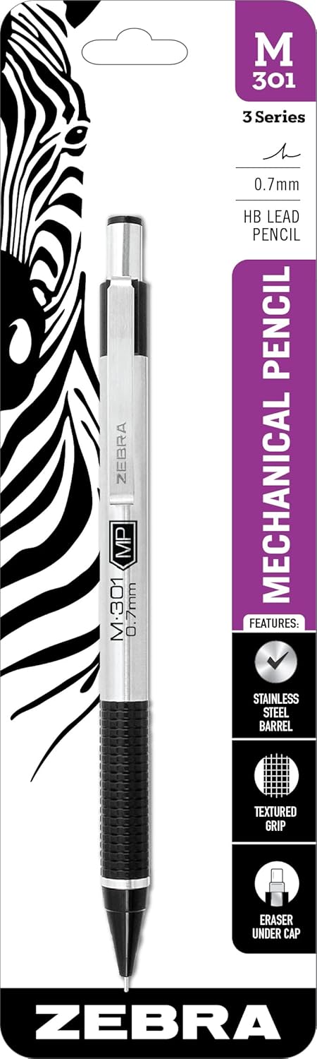 Zebra Pen, M-301 Mechanical Pencil, 0.7mm Point, Stainless Steel Barrel, Textured Grip, Smooth Writing Performance, Refillable, STEEL Series, 2-Count, (54312)
