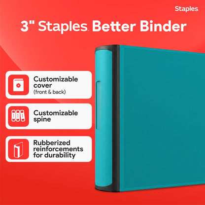 Staples Better Binder 2-Inch D-Ring View Binder, Reinforced Spine, Holds Up to 540 Sheets, Teal, for Office & School