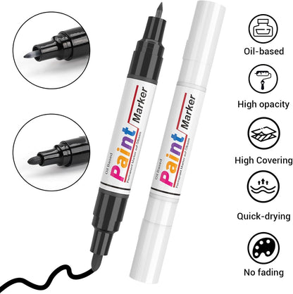 Dual Tip Paint Pens Paint Markers, 4 White & 4 Black Oil Based Permanent Markers - 0.7mm Extra Fine Tip, Waterproof, Quick-drying, Good Coverage for Rock, Metal, Tire, Plastic, Wood, Glass, Fabric