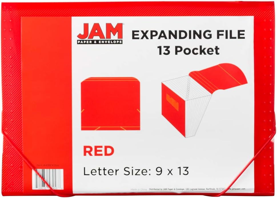 JAM Paper Accordion Folders - 13 Pocket Plastic Expanding File - Legal Size - 10 x 15 - Red - Sold Individually