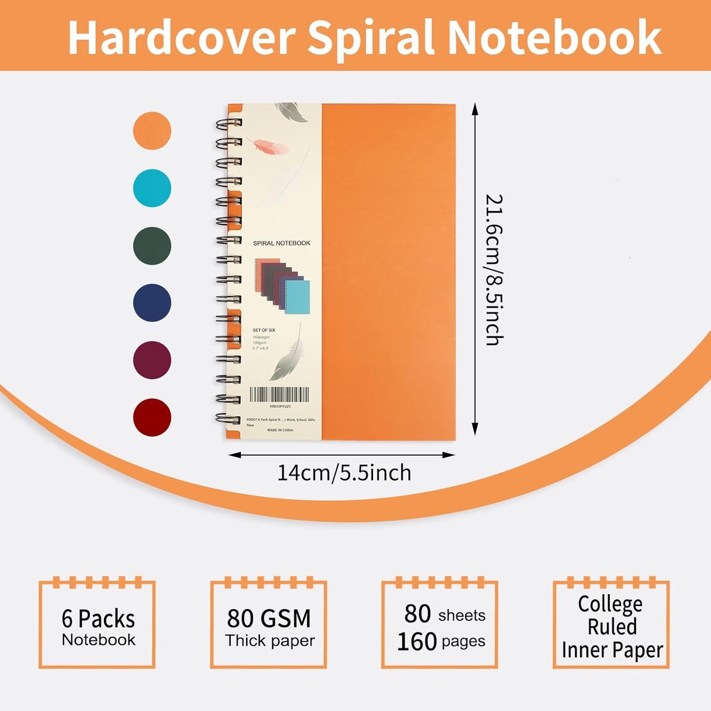 EOOUT 6pcs Hardcover Spiral Notebook, A5 Lined Spiral Journals 5.5x8.5in, 160 Pages Journal Notebook for Work, Office