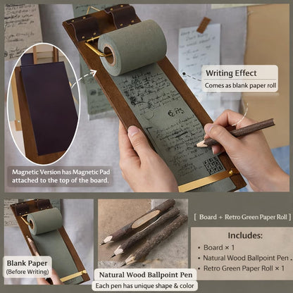 Retro Wall Mounted Memo Board with 1 Natural Dark Green Roll – Rustic Clipboard Notepad, Tearable Writing Pad for Notes, Menu, Kitchen, Café and Home Office Decoration