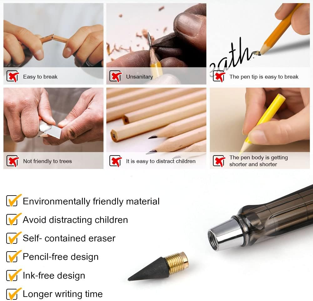 Ainiv Inkless Pencil with Eraser - 5 Sets Infinity Pencil, Reusable with Extra 5 Eraser & 5 Replaceable Nibs for Home, Office & School Writing, Drawing