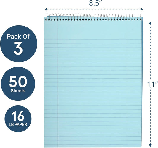 Roaring Spring Covered Spiral Legal Pads, 3-Pack, 8.5"x11.5", 50 Sheets, Recycled, Blue Colored Paper, Lay flat Wire Bound, Ruled, Protective Cover