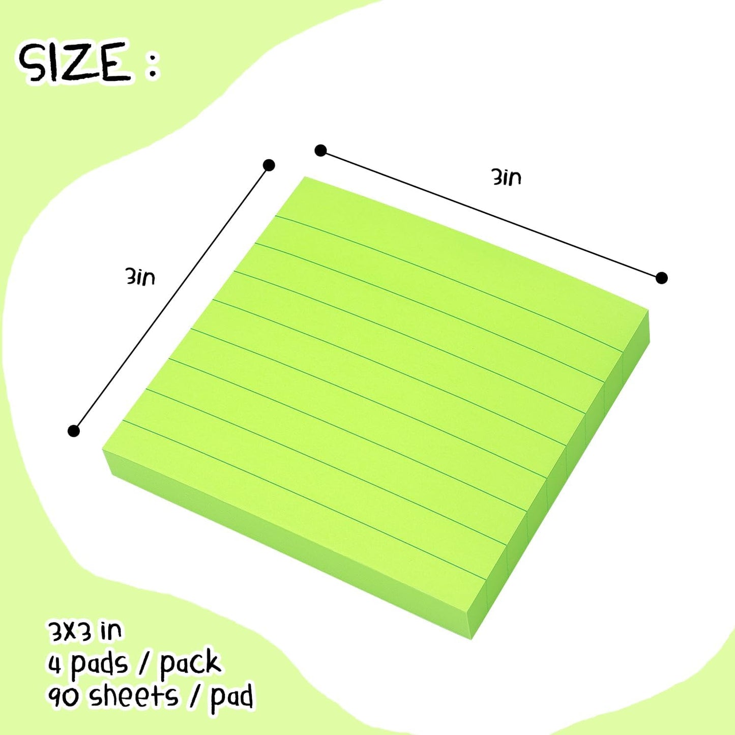 Lined Sticky Notes 3x3 Sticky Notes with Lines Self-Stick Notes Bright Color 4 Pads 90 Sheets/Pad (Pastel)