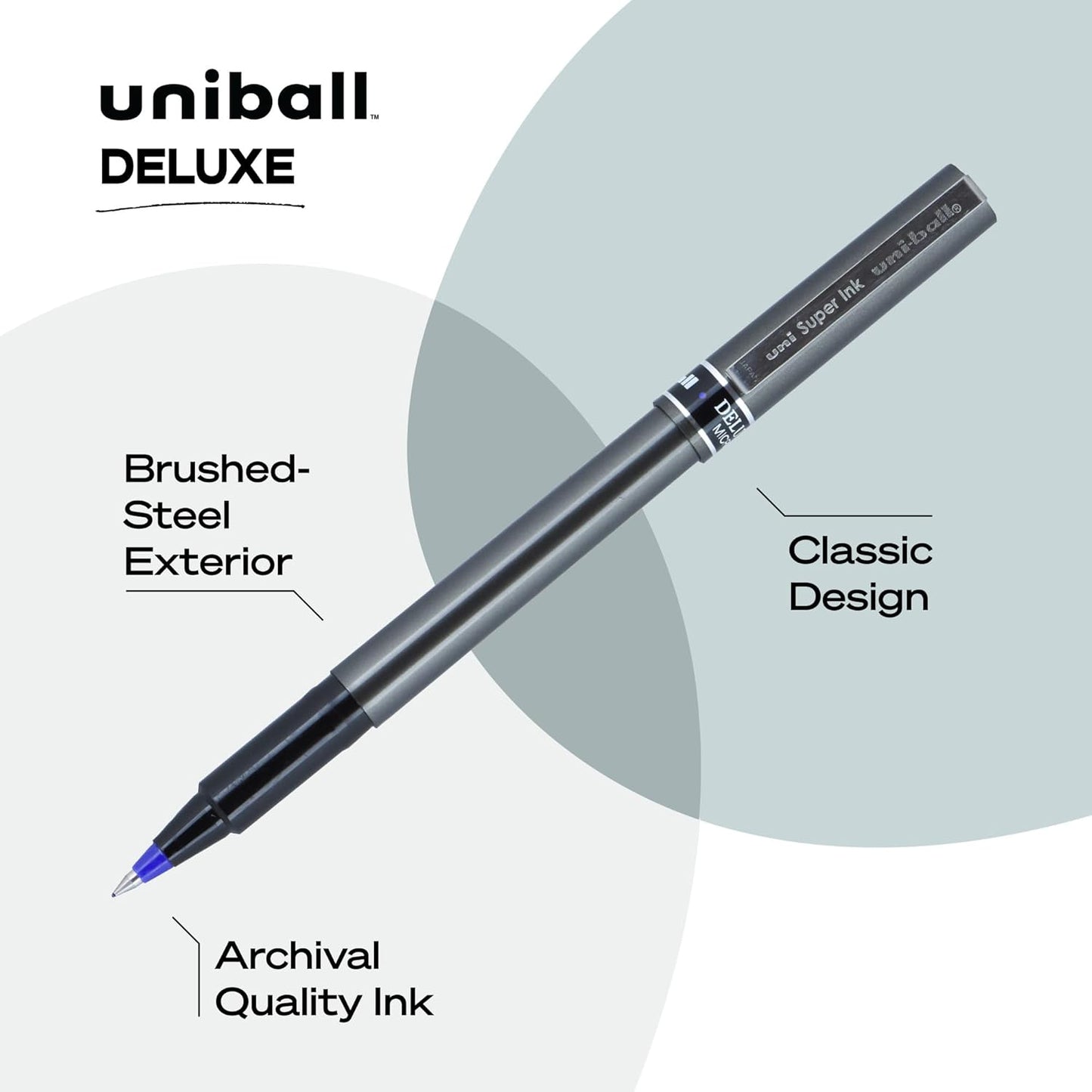 uni-ball® Deluxe Rollerball Pens, Micro Point, 0.5 mm, Graphite Barrel, Black Ink, Pack Of 3