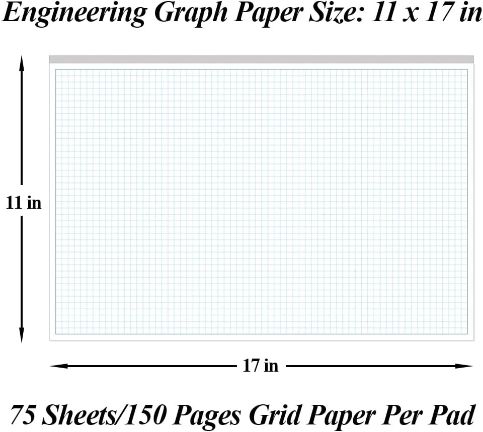 Yaridar (3-Pack) Engineering Graph Paper Pad - 17" x 11" Grid Paper for Engineering, Drafting, Blueprint Drawing, 75 Sheets/150 Pages 4x4 Blue Quad Rule by Better Office Products