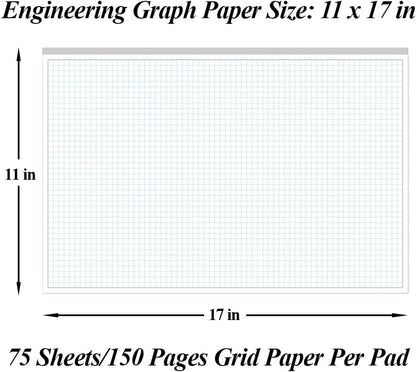 Yaridar (3-Pack) Engineering Graph Paper Pad - 17" x 11" Grid Paper for Engineering, Drafting, Blueprint Drawing, 75 Sheets/150 Pages 4x4 Blue Quad Rule by Better Office Products