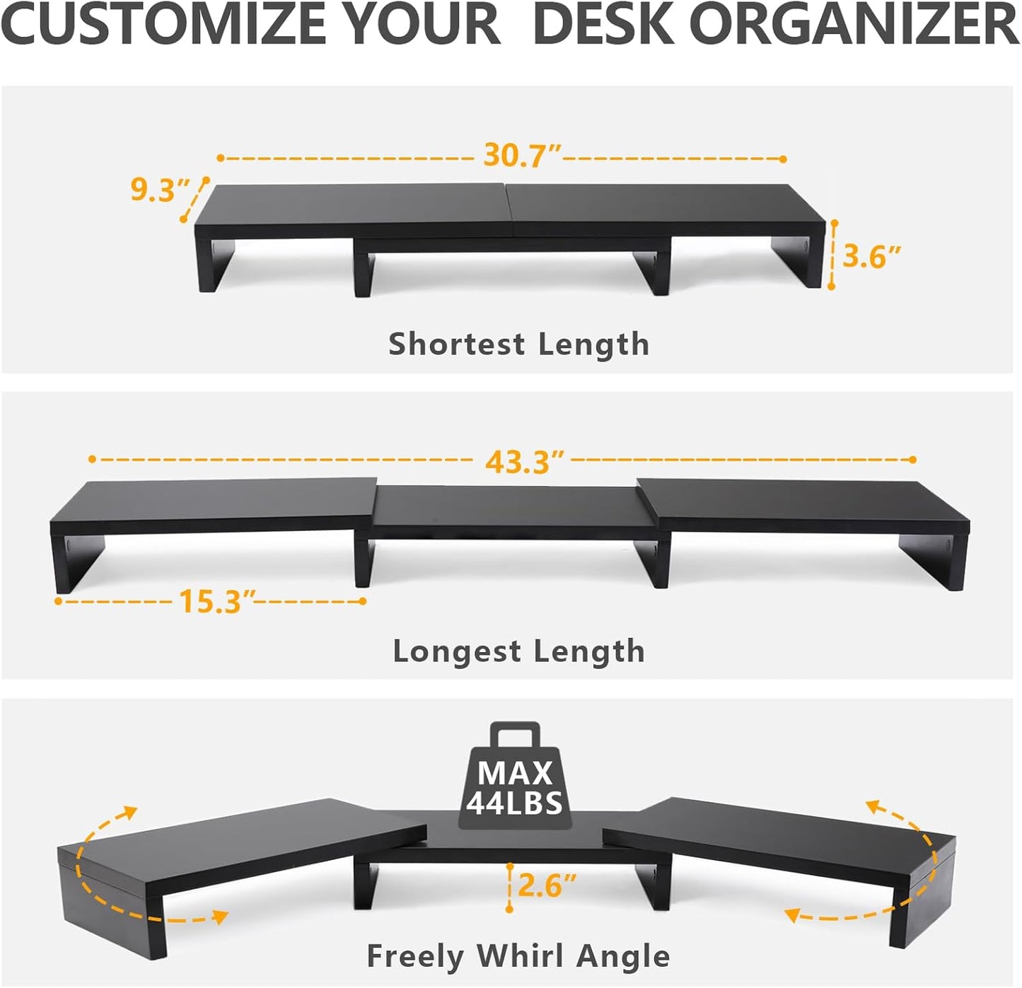 TAVR Dual Monitor Stand Riser Office Desktop Organizer Stand for 2 Monitors, Adjustable Length and Angle 3 Shelf, Extra Long Multifunctional Wooden Stand up to 43.3" fit Computer, Laptop, TV, Black