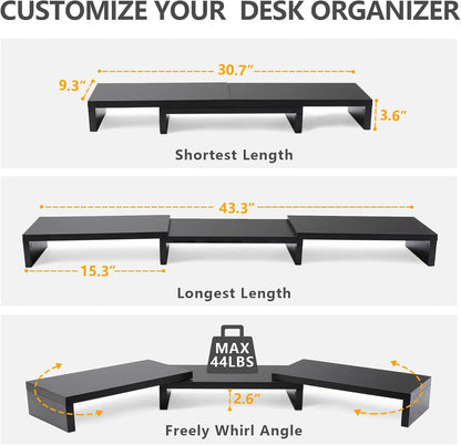 TAVR Dual Monitor Stand Riser Office Desktop Organizer Stand for 2 Monitors, Adjustable Length and Angle 3 Shelf, Extra Long Multifunctional Wooden Stand up to 43.3" fit Computer, Laptop, TV, Black
