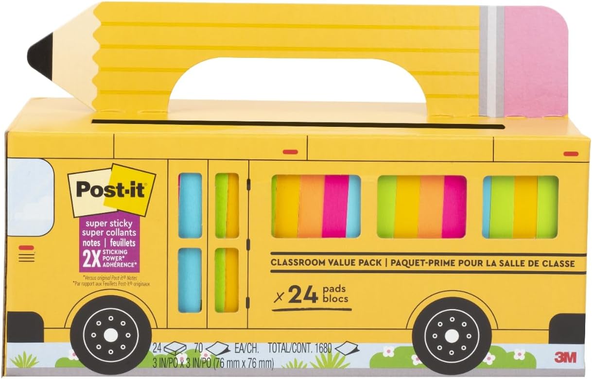 Post-it Super Sticky Notes, 24 Sticky Note Pads, 3 x 3 in, School Supplies, Office Products, Notes for Vertical Surfaces, Monitors, Walls and Windows, Bus Cabinet Pack