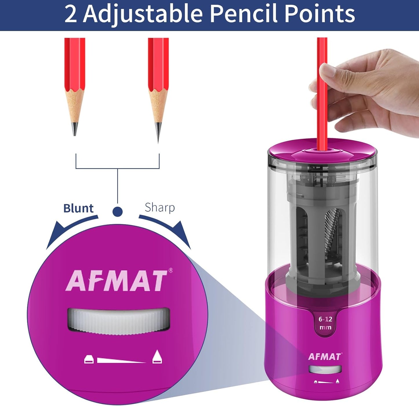 AFMAT Electric Pencil Sharpener, Auto Stop, Super Sharp & Fast, Electric Pencil Sharpener Plug in for 6-12mm No.2/Colored Pencils/Office/Home PS94