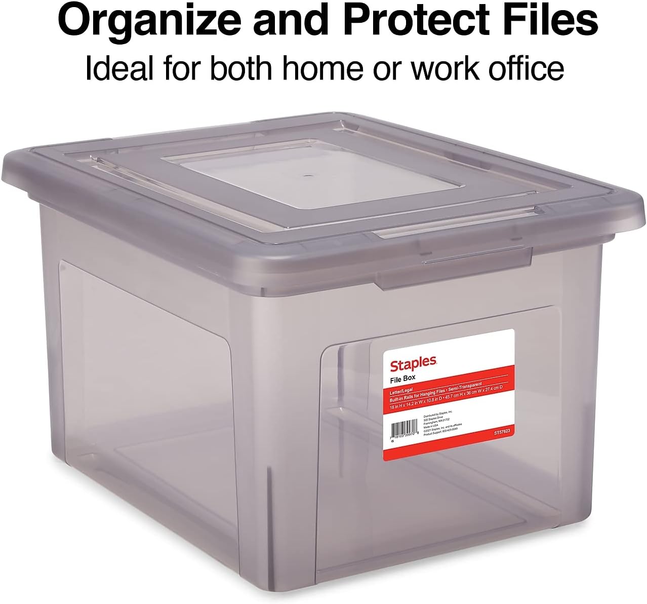 STAPLES File Folder Tote, Portable Filing Box for Letter SIze Hanging Folders, Security Latch & Built-In Lid Organizer, Black/Clear