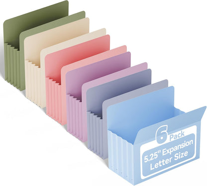 Ansook Poly Legal Size 5.25" Expansion File Pockets,6 Pack Pastel Large Capacity File Pockets Folders,Heavy Duty File Pocket for Cabinet,with Straight-Cut Tab,hold 8.5" x 11" documents & Manila Folder