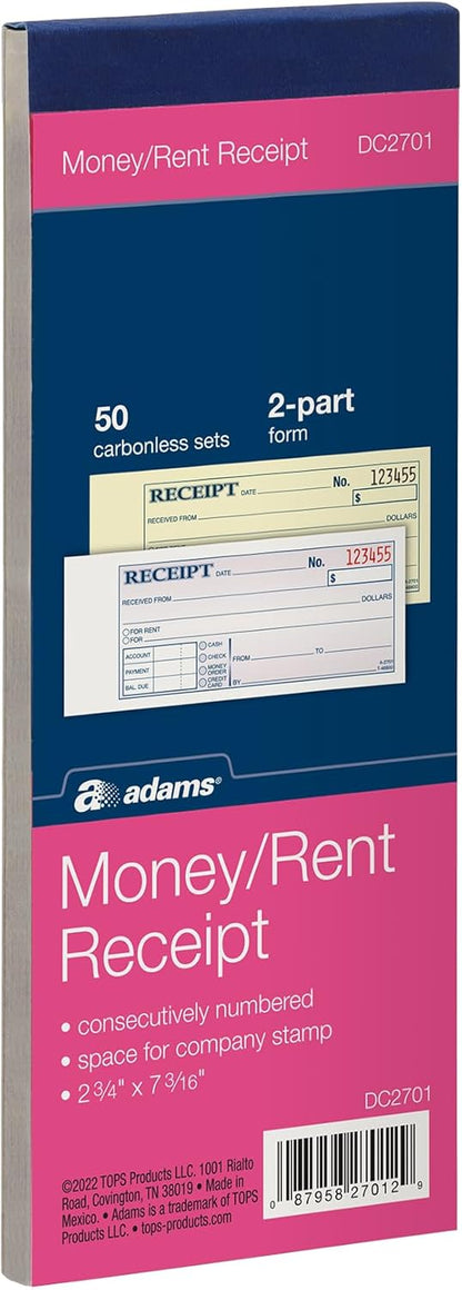 Adams Money and Rent Receipt Book, 2-Part, Carbonless, 2.75 x 7.19 Inch, 50 Sets, White and Canary (DC2701)