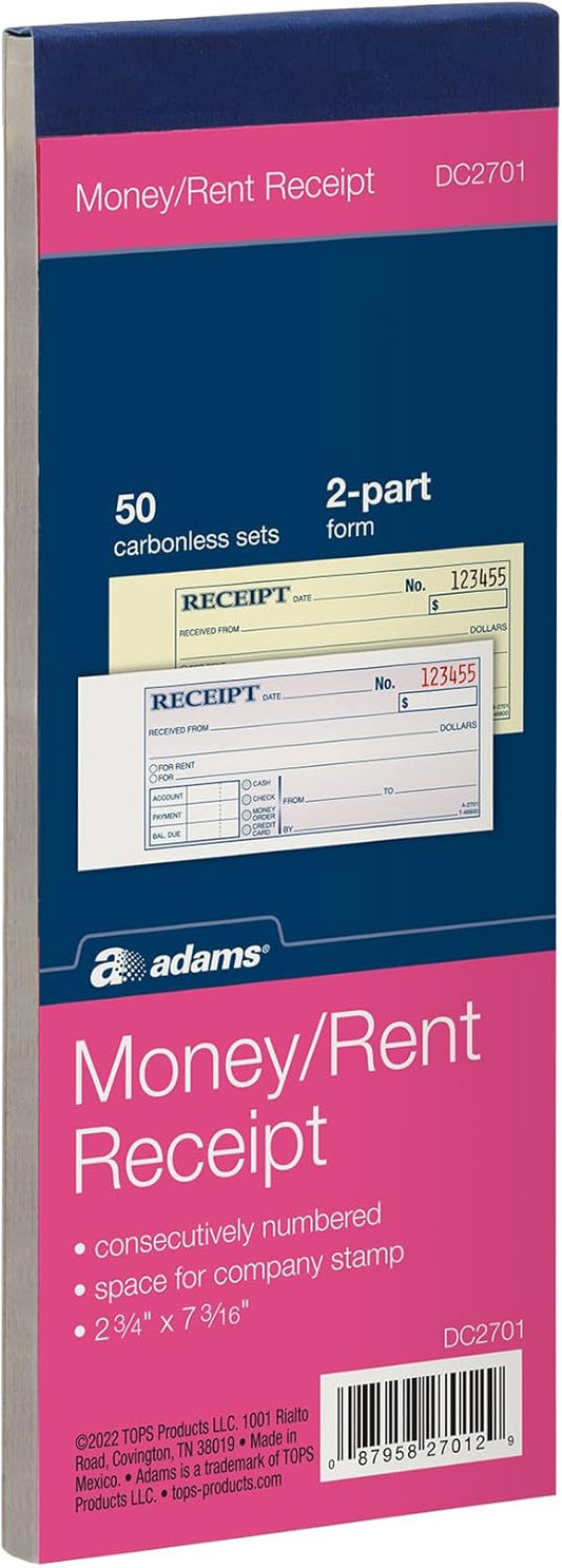 Adams Money and Rent Receipt Book, 2-Part, Carbonless, 2.75 x 7.19 Inch, 50 Sets, White and Canary (DC2701)