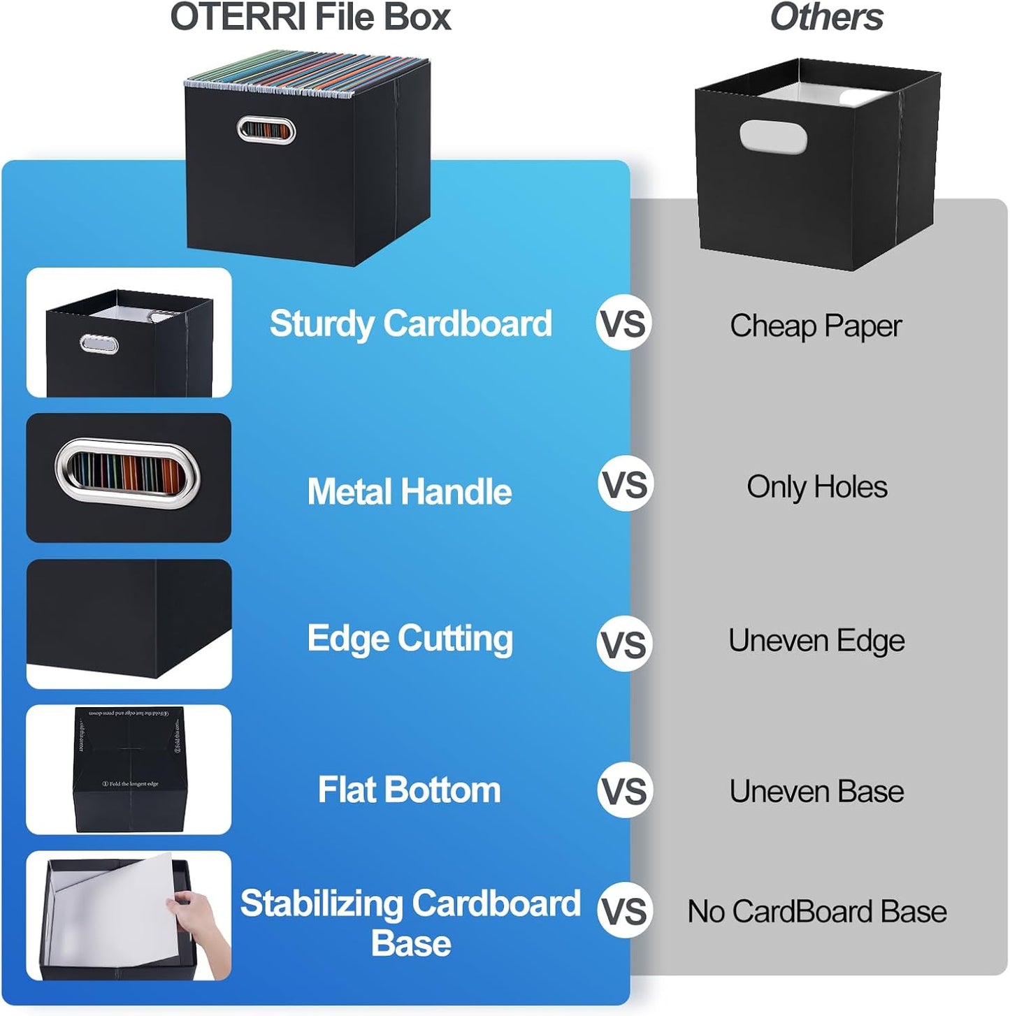 Oterri File Organizer Box, Portable Collapsible Cardboard File Folder Organizer with Handle for Letter Size Hanging Files, Document Storage Box for Home Office & Classroom (4 Packs, Black)