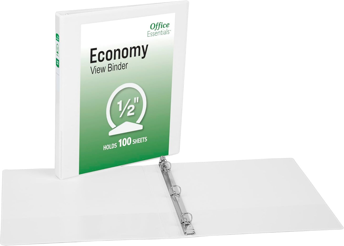 Office Essentials Economy View 3 Ring Binders, 0.5" Round Rings, 0.7" Spine, 100-Sheet Capacity, White Binders (12-Pack of 03422)