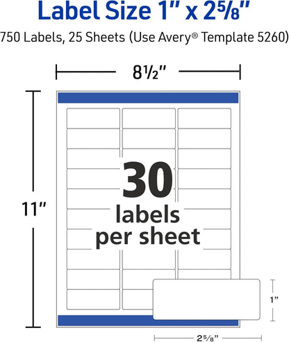 Avery Easy Peel Printable Address Labels with Sure Feed, 1" x 2-5/8" Customizable Stickers, White, 7,500 Blank Mailing Labels, Great for Mailing, Shipping, and More (45160)