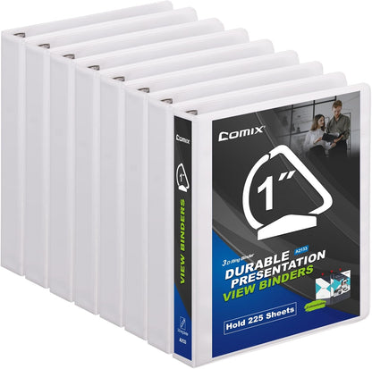 Comix D-Ring Basic View Binder 1 inch 3 Ring Binders, 2.4mm-Thick, Hold 225 Sheets of 8.5" x 11" Paper, 12 Pack (White)