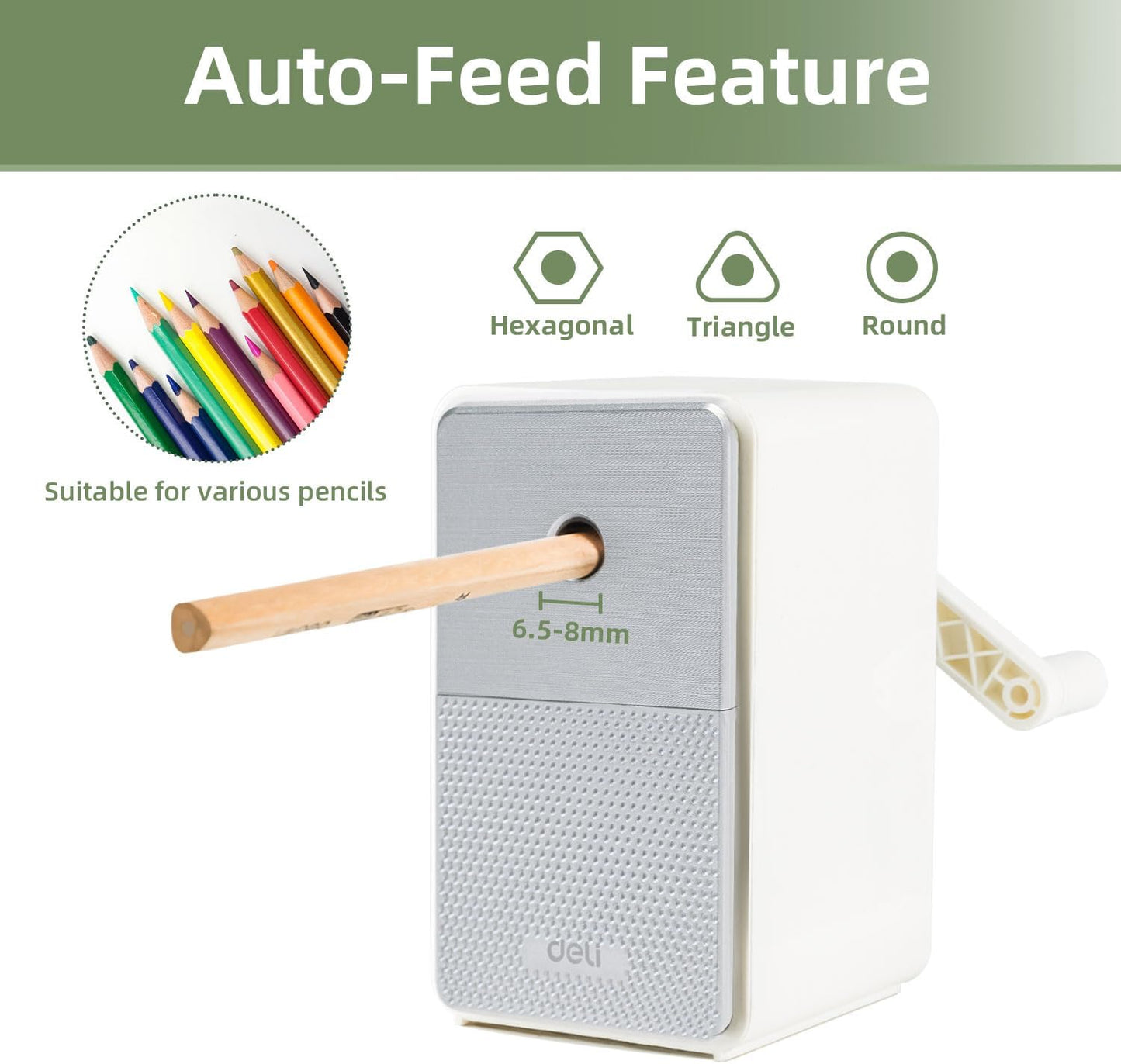 Deli Manual Pencil Sharpener - Auto-in Hand Crank with Adjustable Point for Colored Pencils, Kids, Students, Classroom, Home and Office, Brown