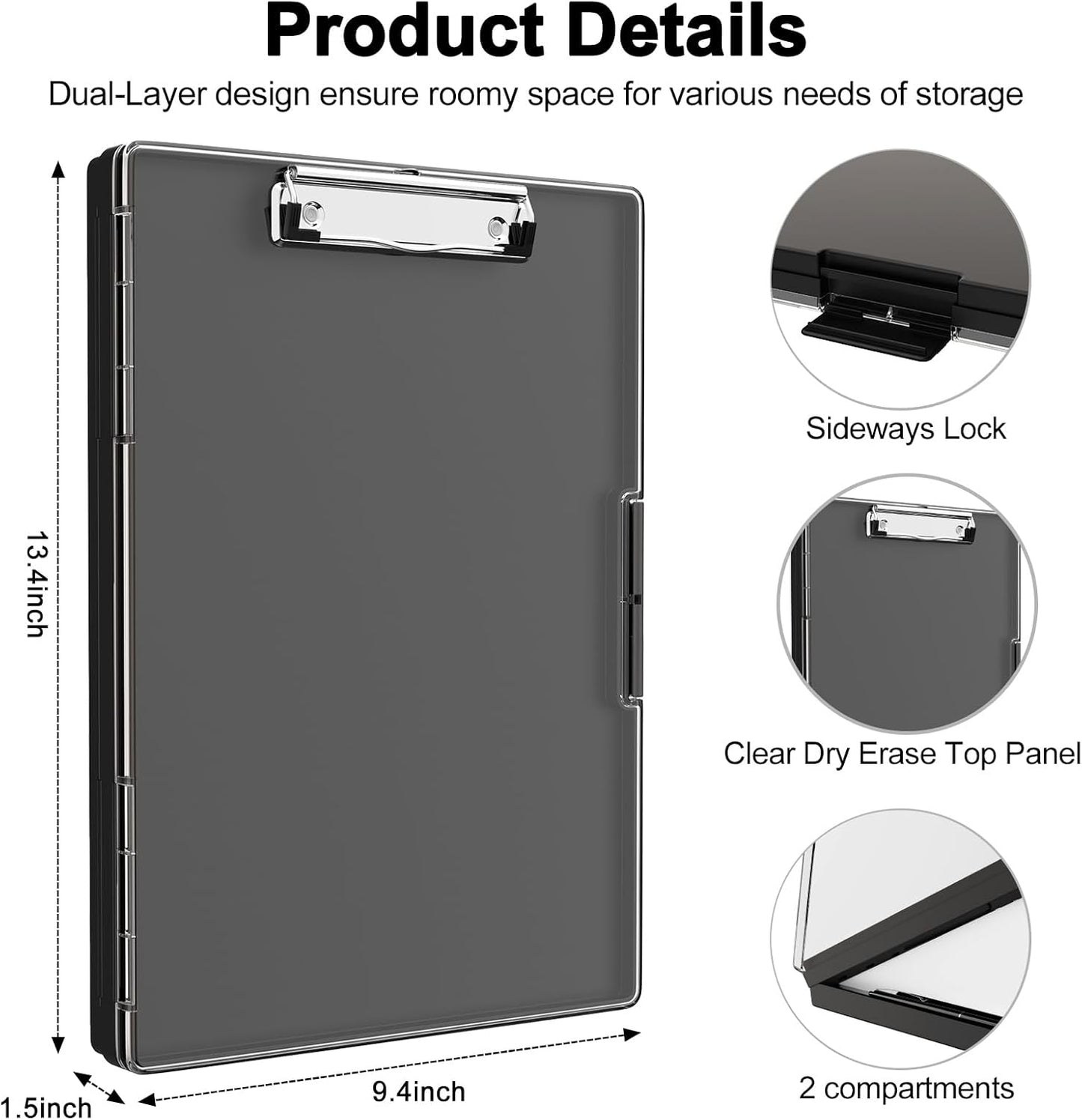Piasoenc Clipboard with Storage, 8.5 x 11 Clip Boards with 2 Storage Case and A4 Paper Folder, Clear Dry Erase Top Panel, Heavy Duty Plastic, Folio & Side Opening, for Nurses, Teachers, Lawers,Black