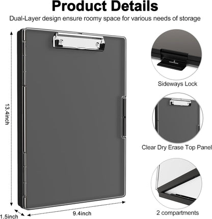 Piasoenc Clipboard with Storage, 8.5 x 11 Clip Boards with 2 Storage Case and A4 Paper Folder, Clear Dry Erase Top Panel, Heavy Duty Plastic, Folio & Side Opening, for Nurses, Teachers, Lawers,Black