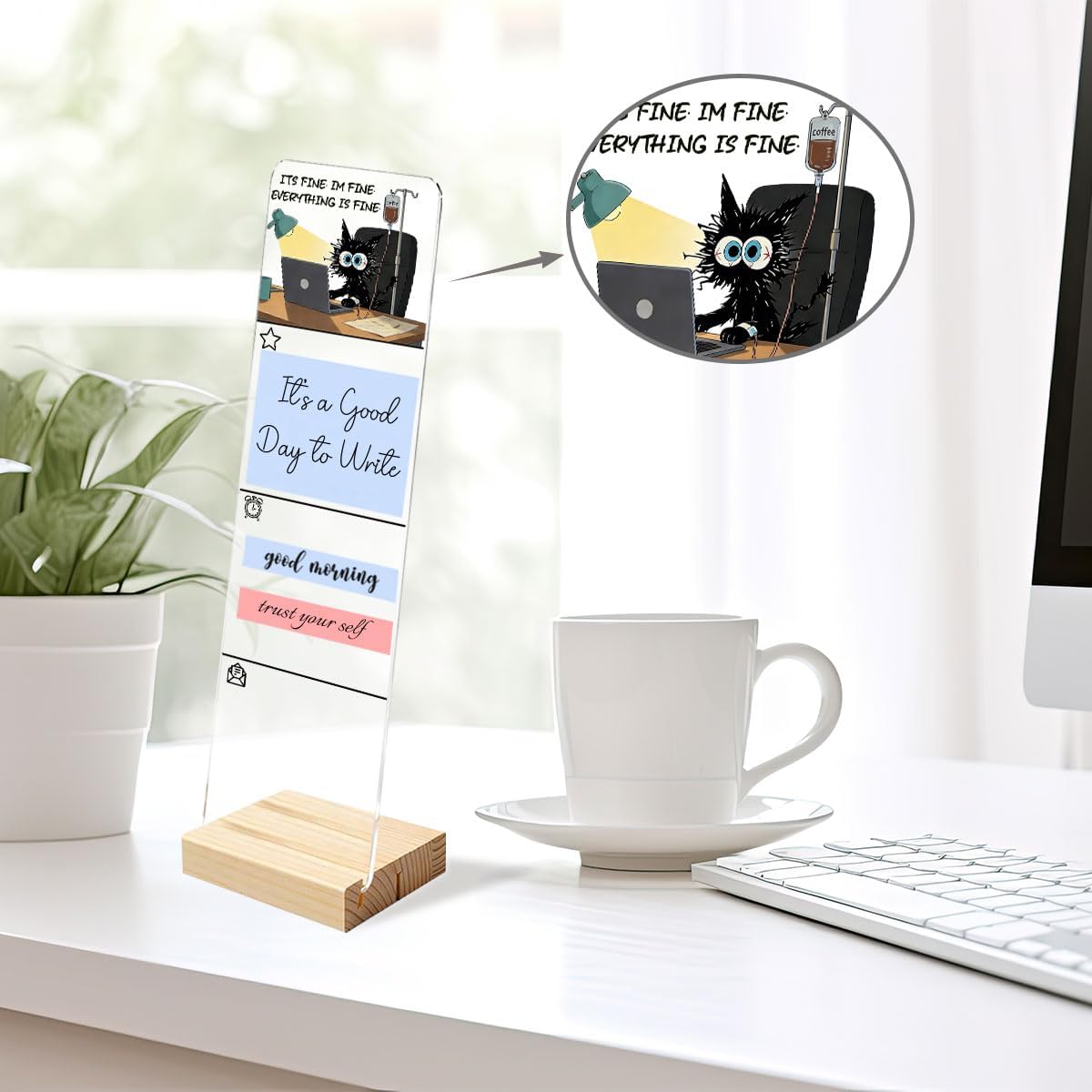 Sticky Notes Monitor Memo Board Acrylic Note Holder with Removable Wooden Base, Everything is Fine Logo Desk Set Includes 200 Sheets Two Sizes Sticky Notes, Office Desk Accessories Organizer