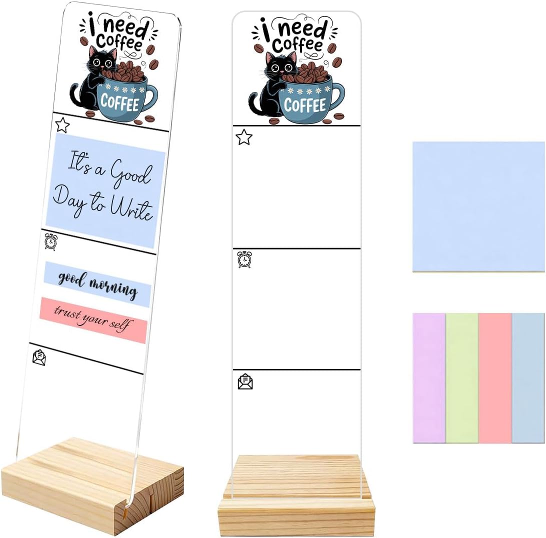 Sticky Notes Monitor Memo Board Acrylic Note Holder with Removable Wooden Base, Everything is Fine Logo Desk Set Includes 200 Sheets Two Sizes Sticky Notes, Office Desk Accessories Organizer