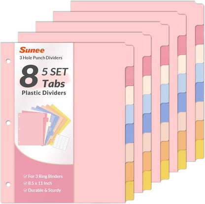 SUNEE 8 Tab Binder Dividers,Plastic Dividers for 3 Ring Binder,3 Ring Binder Dividers with Tabs for School Office Home Supplies,Pastel Color, 1 Set