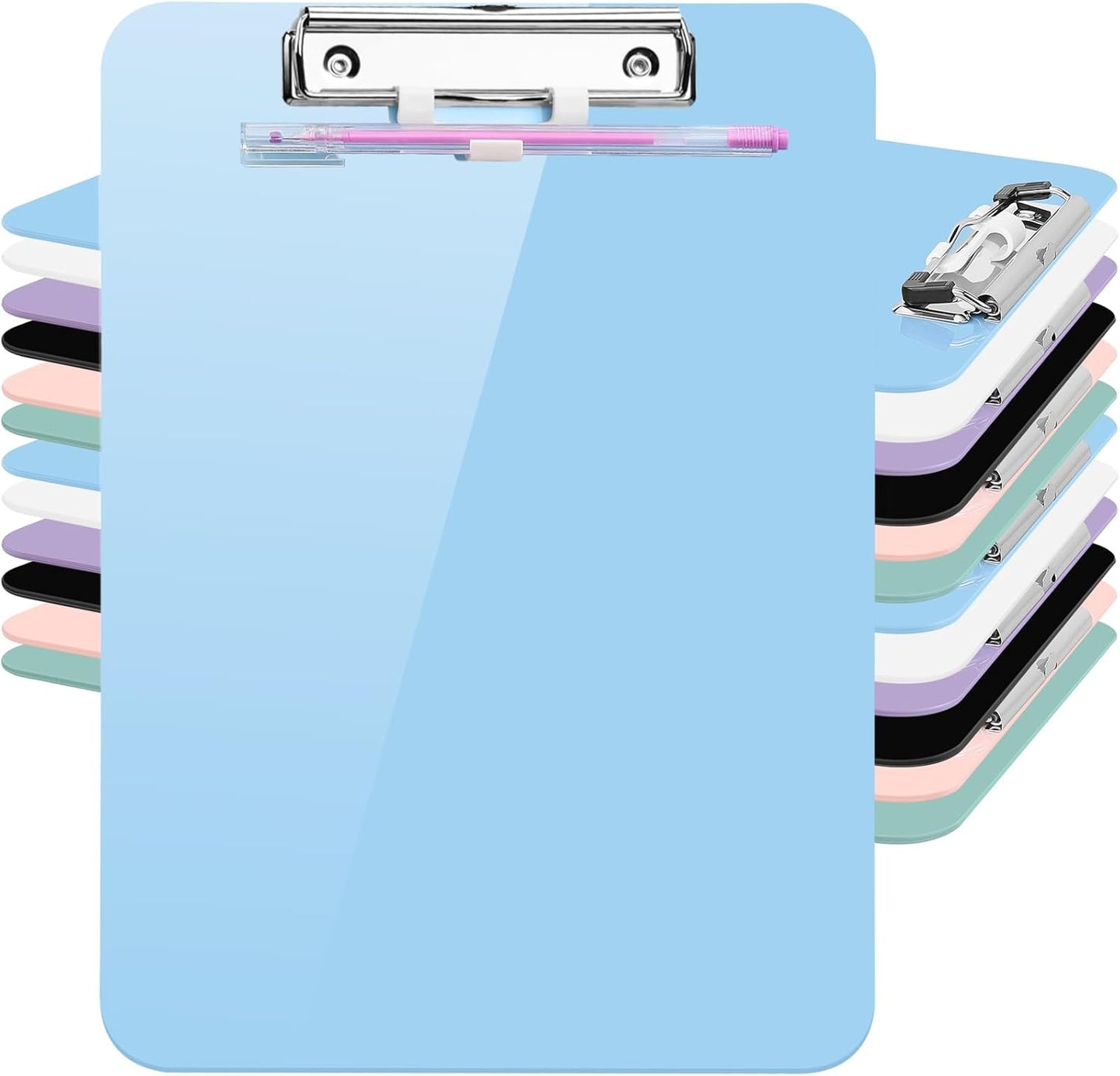 SFLHHDM 1 Pcs Clear Glitter Clipboards, Plastic Clipboard with Pen Holder, Size 8.85 x 12.4 in Shiny Clipboards with Low Profile Clip, Cute Hanging Clipboard for Office School Sparkly Clip Board-Pink