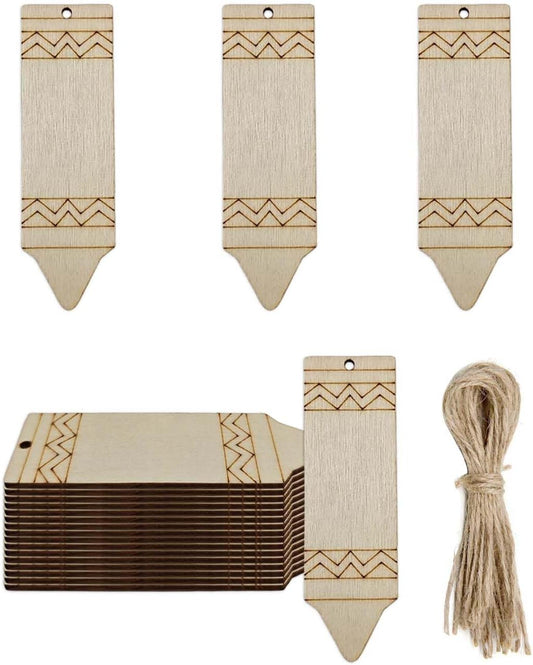 20pcs Wooden Pencil Shaped Cutouts DIY Craft Back to School Unfinished Wood Tags with Ropes Ornaments for School Classroom Party Decoration