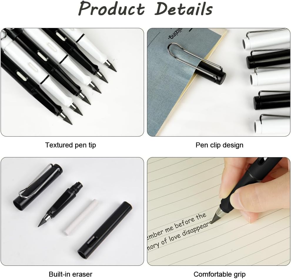Ainiv Inkless Pencil with Eraser - 5 Sets Infinity Pencil, Reusable with Extra 5 Eraser & 5 Replaceable Nibs for Home, Office & School Writing, Drawing