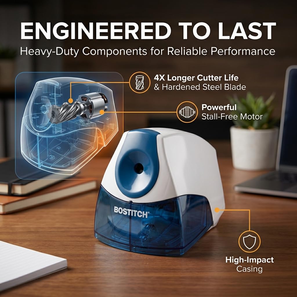 Bostitch Office Electric Pencil Sharpener for Classroom & Desk Use, Heavy-Duty Stall-Free Motor, High-Capacity Shavings Tray, Blue