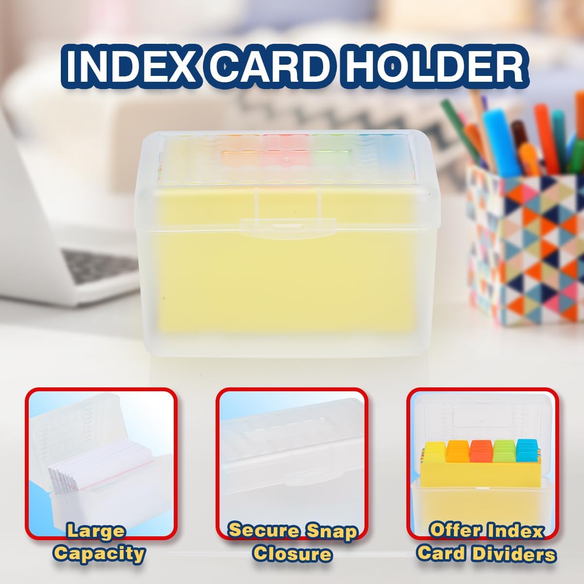 H4D Index Card Holder 3x5 Inches with 25 Plastic Dividers, Black