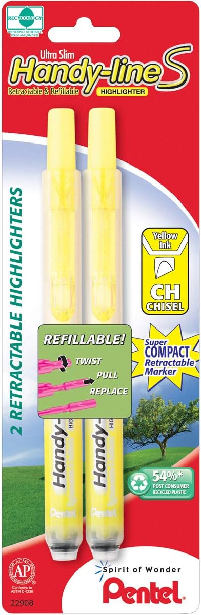 Pentel Handy-Line S Retractable Highlighter, Chisel Tip, Yellow Ink, 2/ Pack (SXS15BP2G)